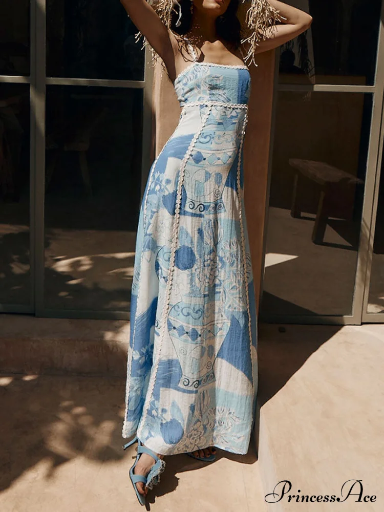 Unique Lace Patchwork Printed Tie Halter Maxi Dresses - Image 2