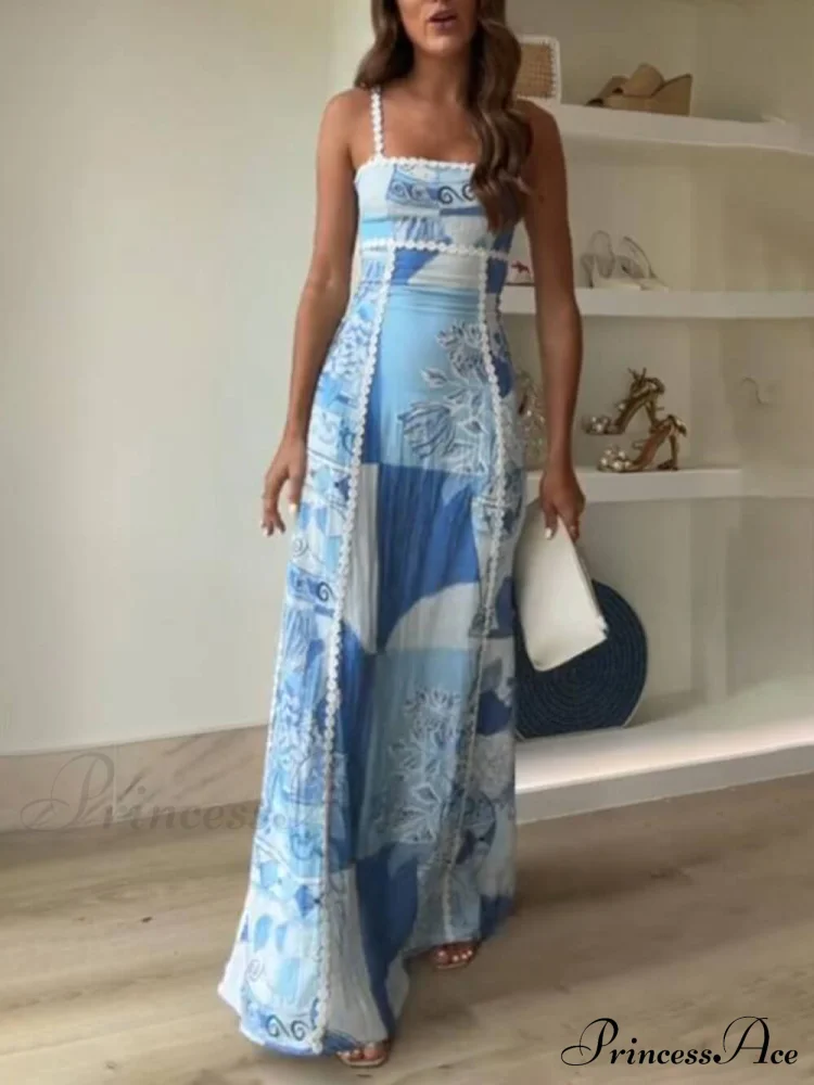 Unique Lace Patchwork Printed Tie Halter Maxi Dresses - Image 6