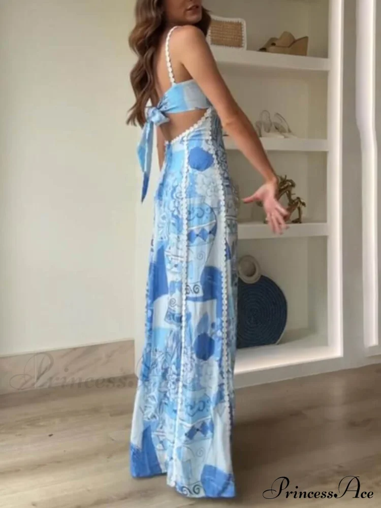 Unique Lace Patchwork Printed Tie Halter Maxi Dresses - Image 7
