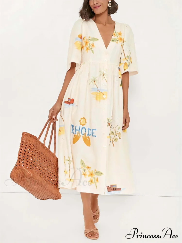 Unique Holiday Folk Floral Graceful Print Puff Sleeve Midi Dress