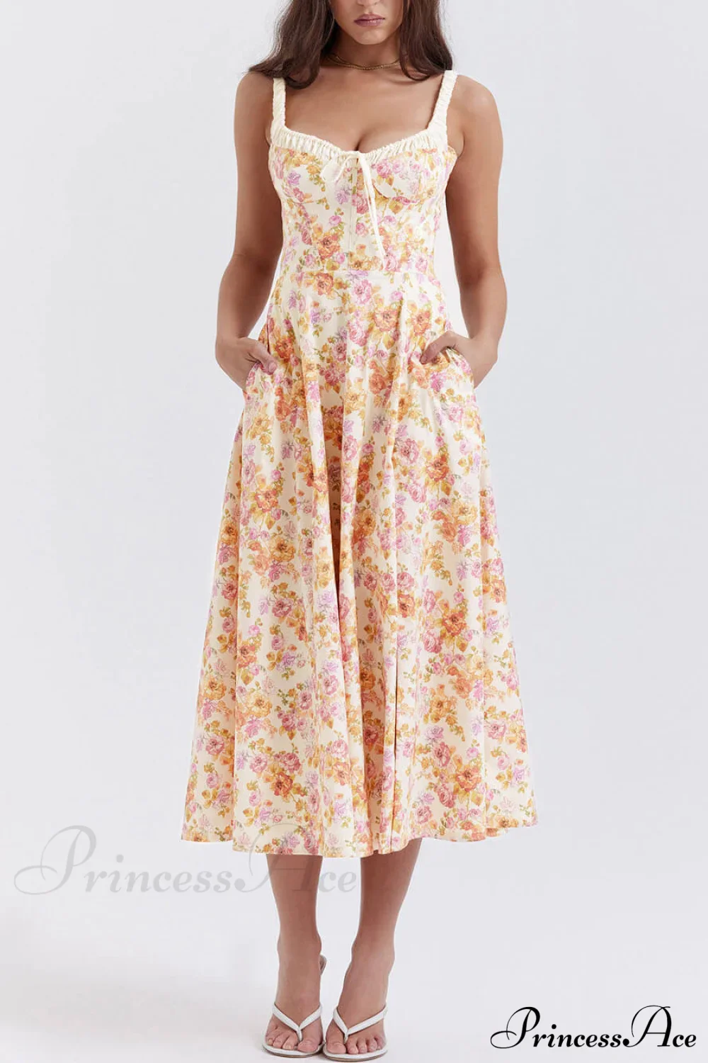 Suspender Patchwork Printed Charming Lace-Up Midi Dress - Image 4
