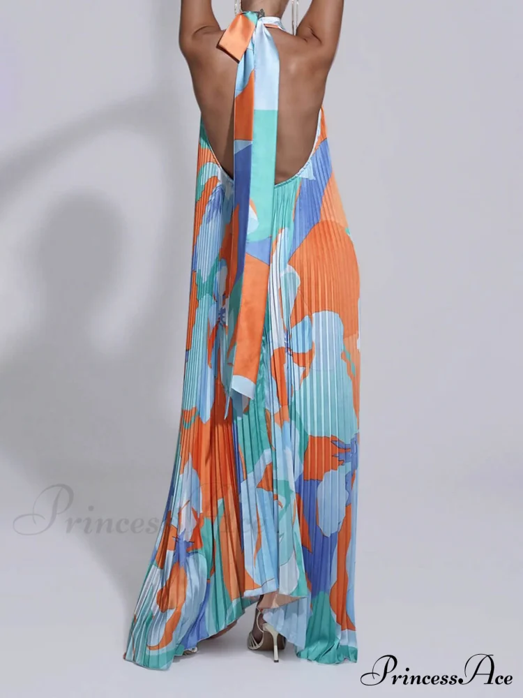 Stylish Pleated Halterneck Charming Strappy Backless Midi Dress - Image 4