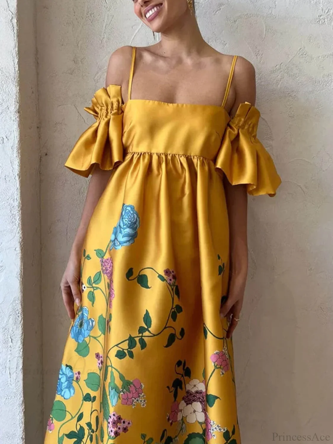 Marigold Printed Gathered Sleeve Graceful Pocketed A-Line Midi Dress - Image 3