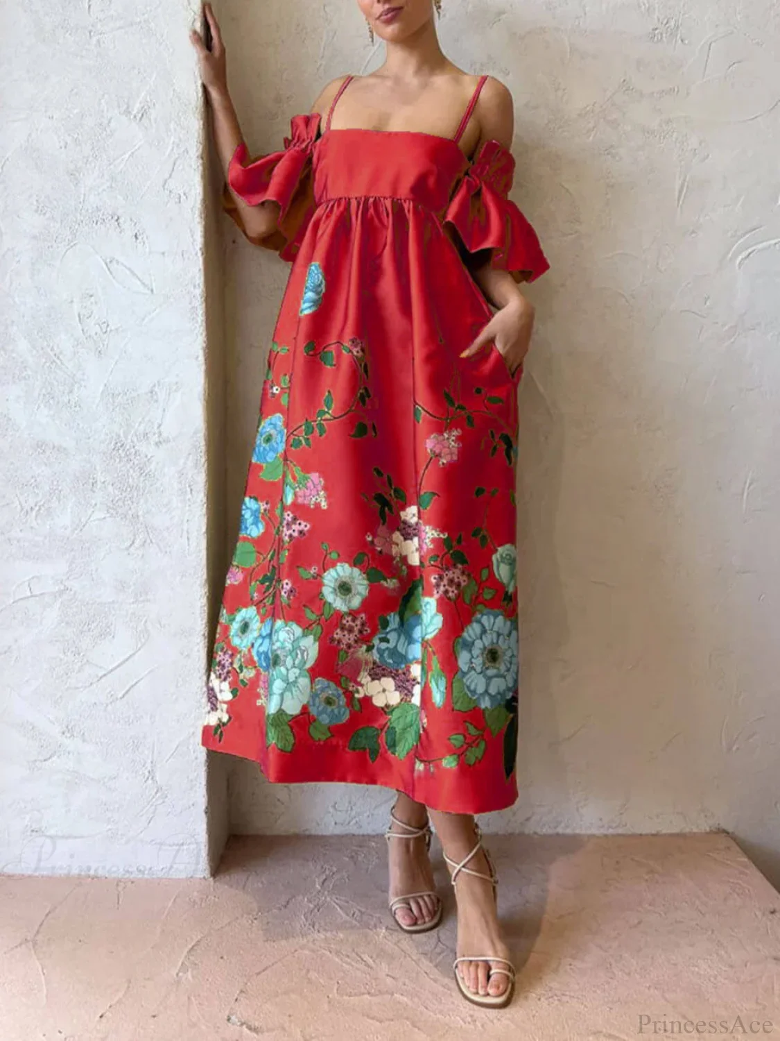Marigold Printed Gathered Sleeve Graceful Pocketed A-Line Midi Dress - Image 8