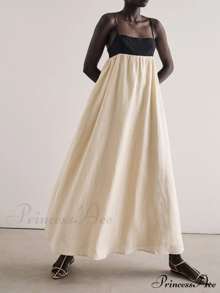 Loose Suspender Black And Graceful White Patchwork Maxi Dress - Image 4