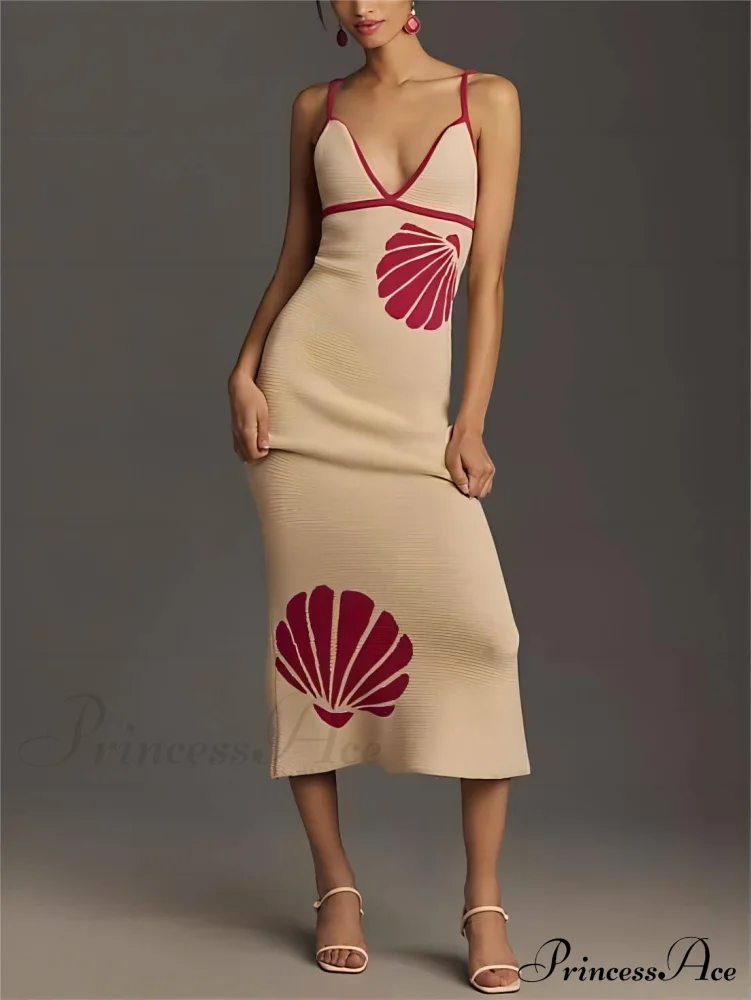 Knitted Suspender Halterneck V-Neck Graceful Backless Sexy Midi Dress