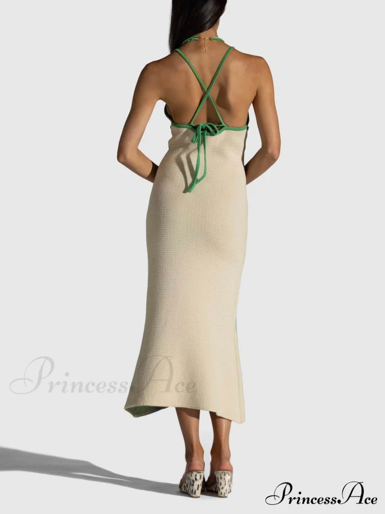 Knitted Suspender Halterneck V-Neck Graceful Backless Sexy Midi Dress - Image 6