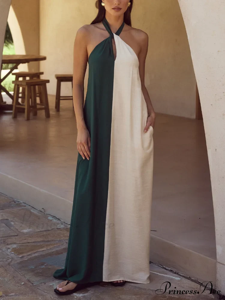 Hanging Neck Bold Contrast Color Trendy Halter Pocketed A-Line Maxi Dress - Image 6