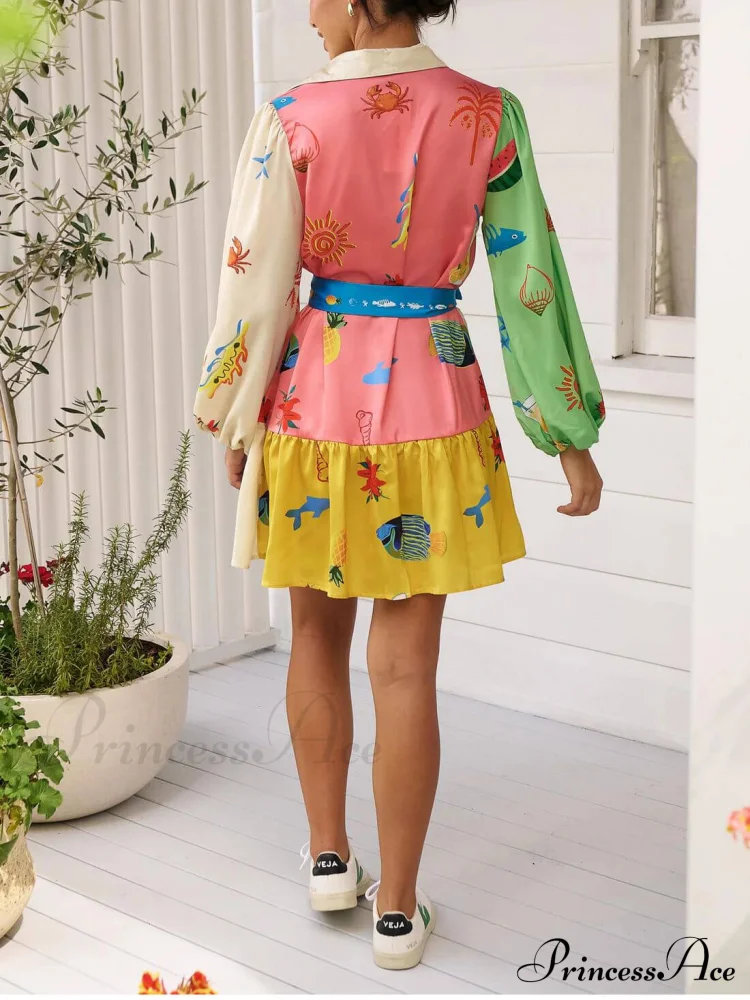Graffiti Print Lace-Up Cardigan Loose Trendy Short Dress With Wide Hem - Image 4