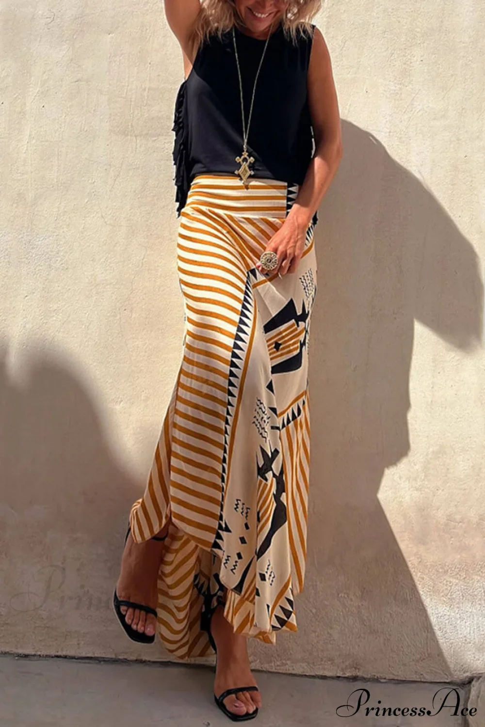 Geometric Print Elastic Charming Waist Maxi Skirt - Image 2