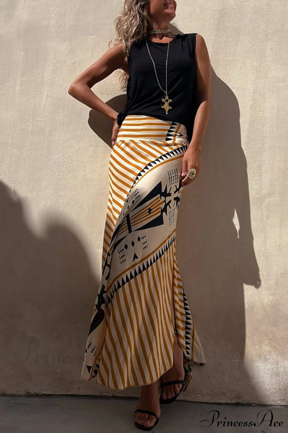 Geometric Print Elastic Charming Waist Maxi Skirt - Image 3