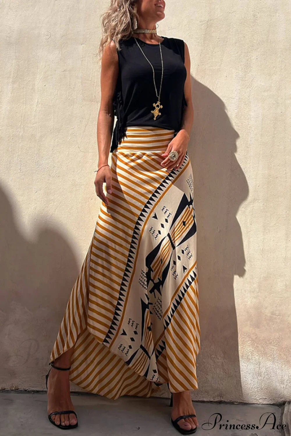 Geometric Print Elastic Charming Waist Maxi Skirt - Image 5