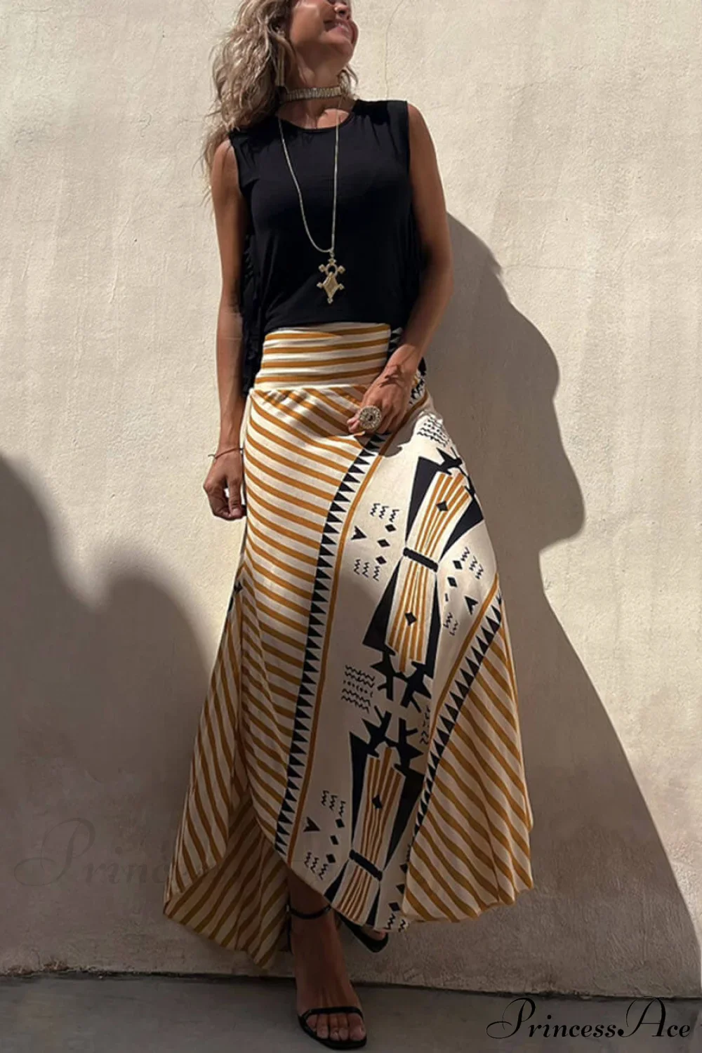 Geometric Print Elastic Charming Waist Maxi Skirt - Image 7
