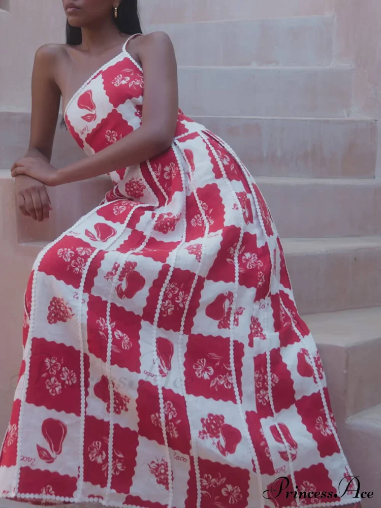 Floral Trim Unique Printed Graceful One Shoulder Flared Maxi Dress - Image 5