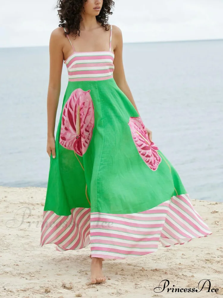 Floral Print Paneled Charming Striped Suspender Mixi Dress - Image 2