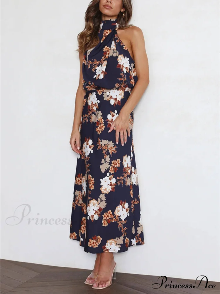 Floral Halter Neck Charming Elastic Waist Maxi Dress - Image 14