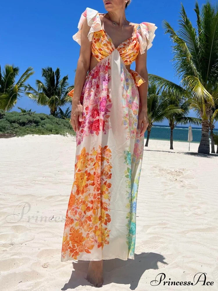 Floral Frill Cutout Charming Back Tie-Up Maxi Dress - Image 3