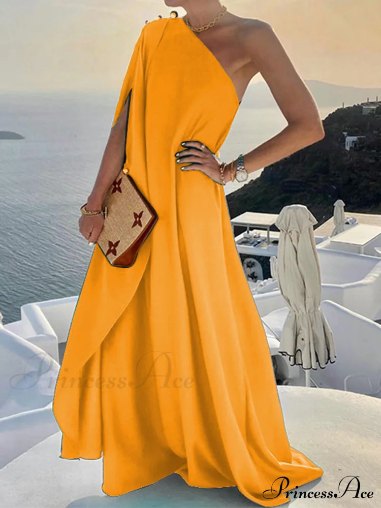 Solid Color Loose Charming One Shoulder Maxi Dress - Image 3