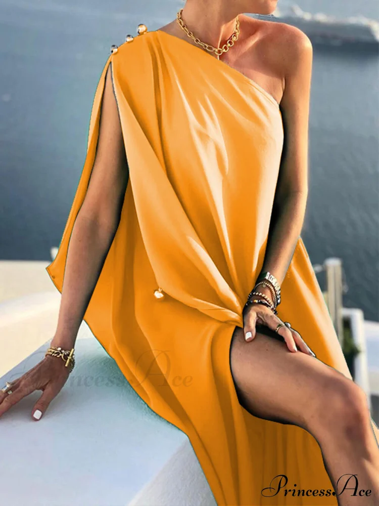 Solid Color Loose Charming One Shoulder Maxi Dress - Image 4