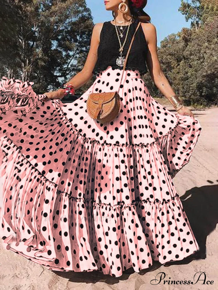 Casual Long Polka Charming Dot Printed Halter Skirt - Image 2