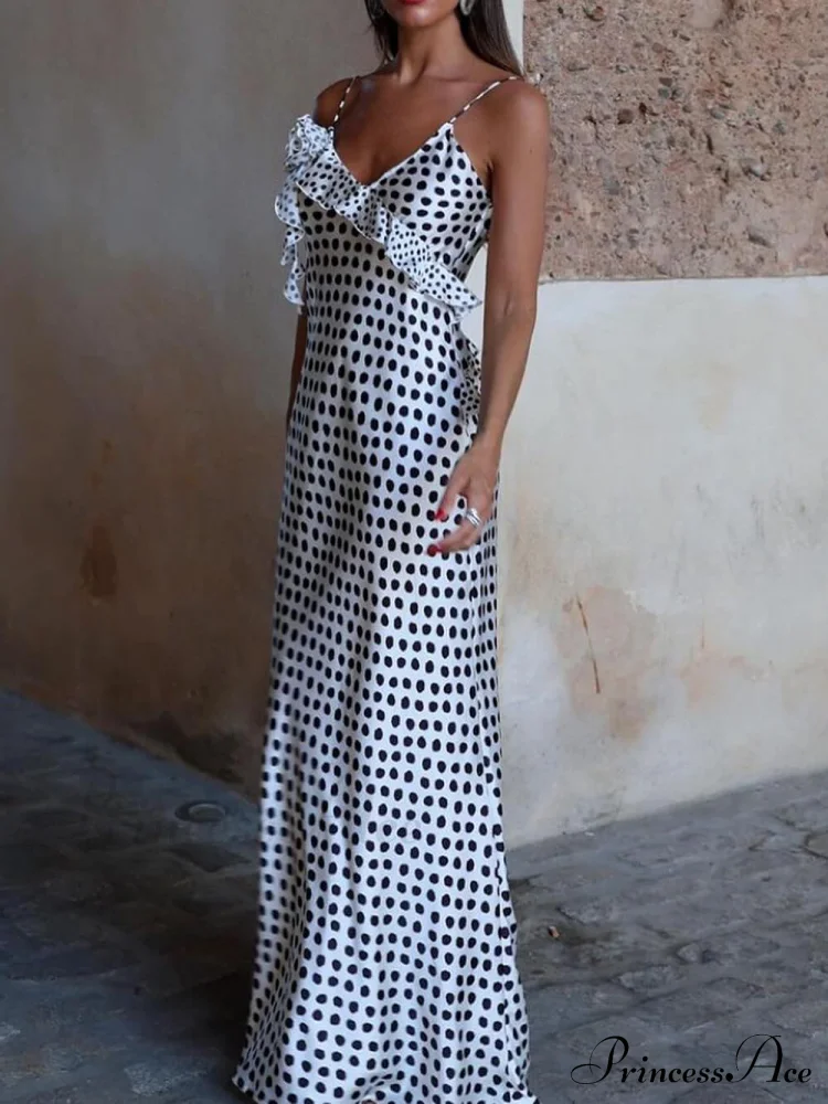 Fantasy Polka Dot Print Graceful Guipure Ruffled Suspender Maxi Dress - Image 3