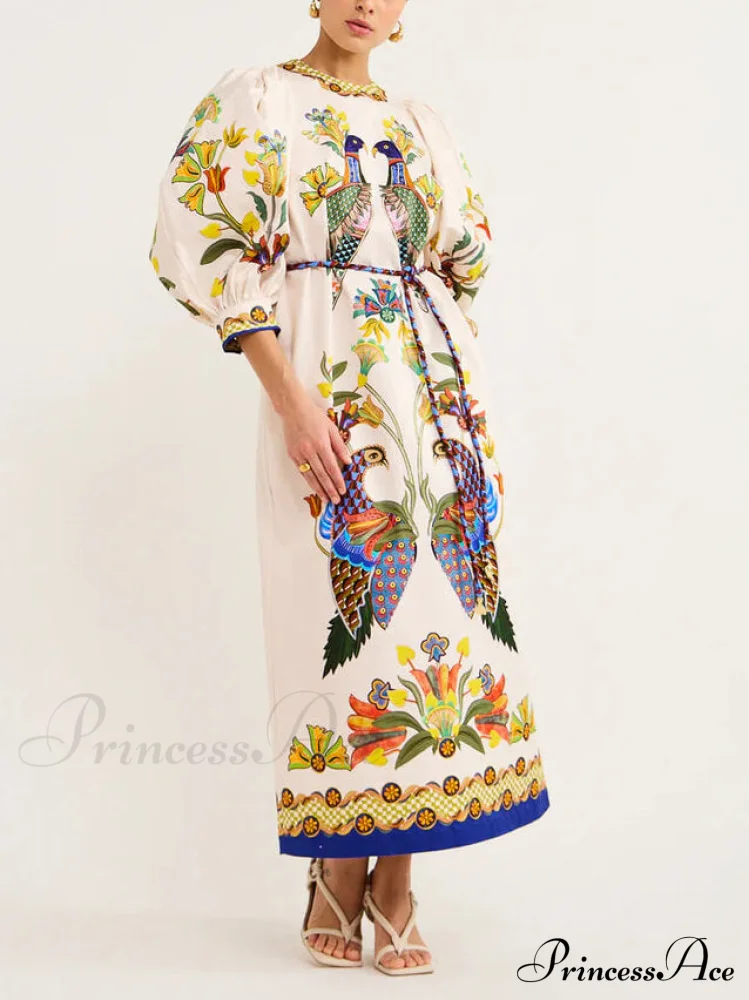 Exquisite And Fun Printed Puff Trendy Sleeves Loose Casual Midi Dress - Image 2