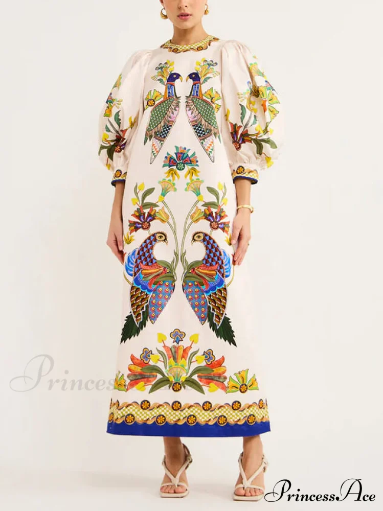 Exquisite And Fun Printed Puff Trendy Sleeves Loose Casual Midi Dress - Image 3