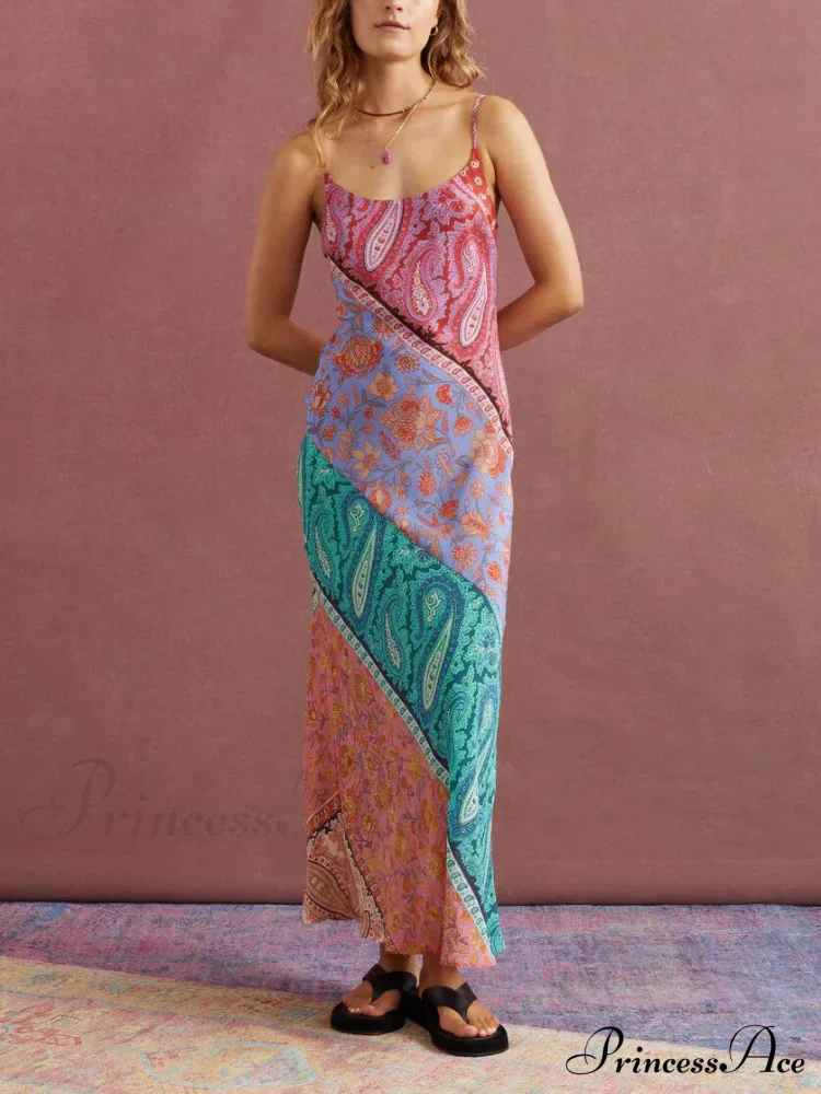 Sexy U-Neck Backless Bosnian Graceful Print Suspender Maxi Dress - Image 2