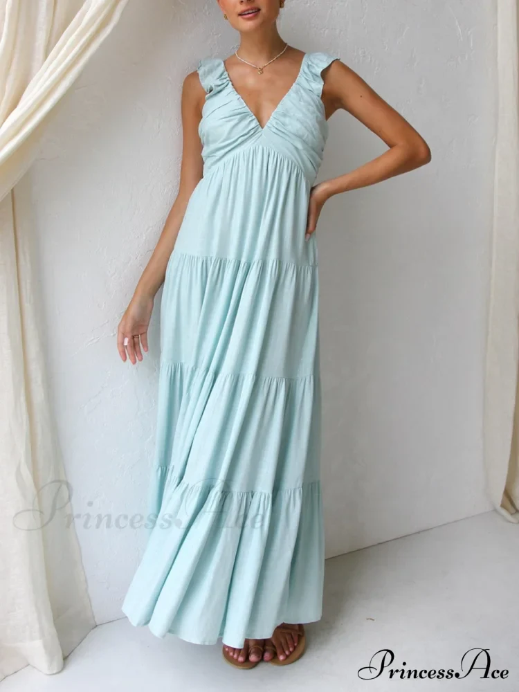 Ruffled Flying Sleeves Smocked Graceful Back Tiered Vacation Maxi Dress - Image 6