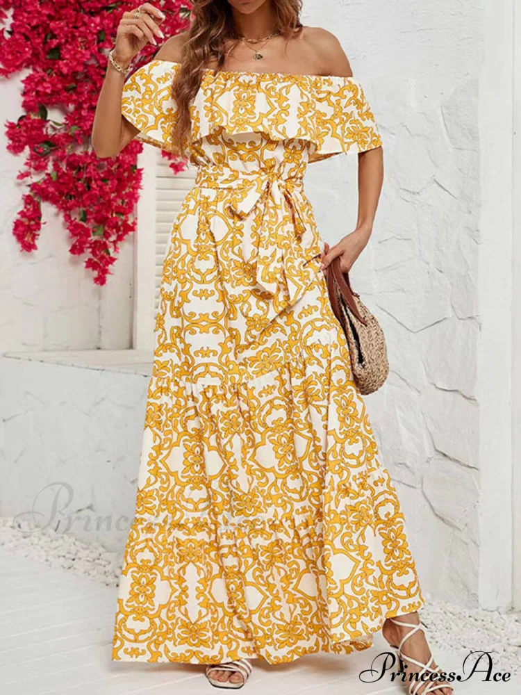 One-Shoulder Short-Sleeve Printed Charming Ruffle Maxi Dress - Image 2