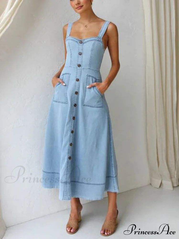 Denim Suspender Casual Charming Button Midi Dress - Image 2