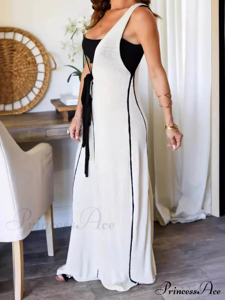 Contrast Color Self-Tie Charming Flowy Oversized Maxi Dress - Image 5