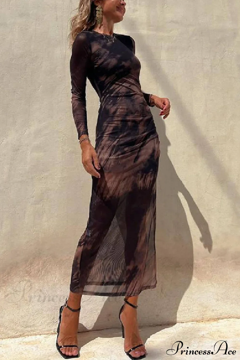 Charm Lady Mesh Overlay Tie Dye Modern Print Long Sleeve Ruched Stretch Midi Dress - Image 11