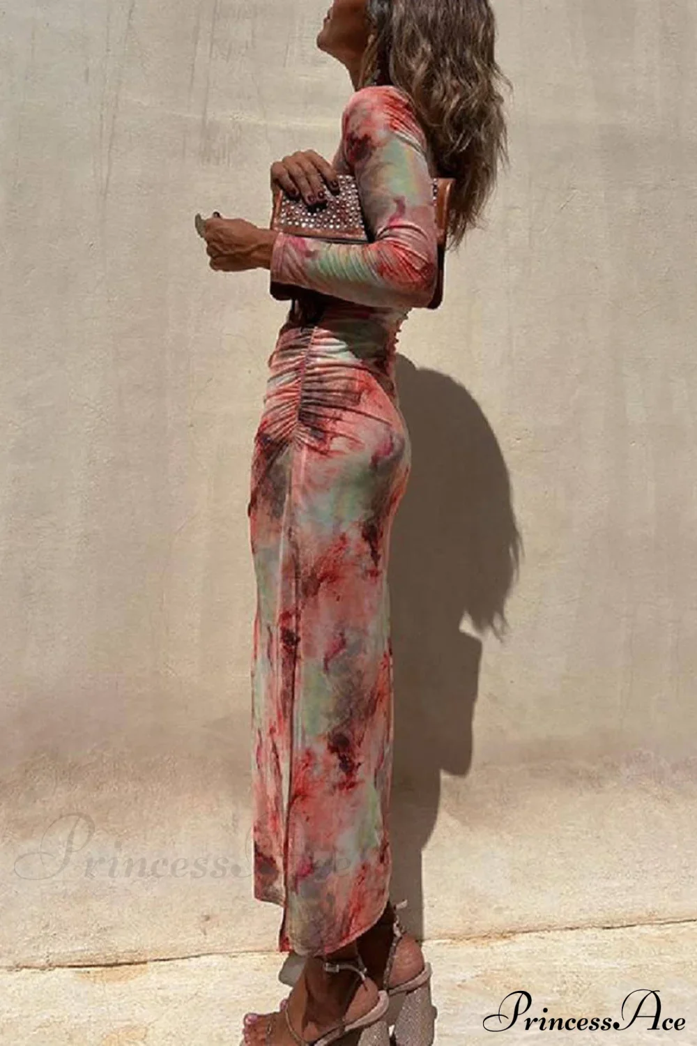 Charm Lady Mesh Overlay Tie Dye Modern Print Long Sleeve Ruched Stretch Midi Dress - Image 2