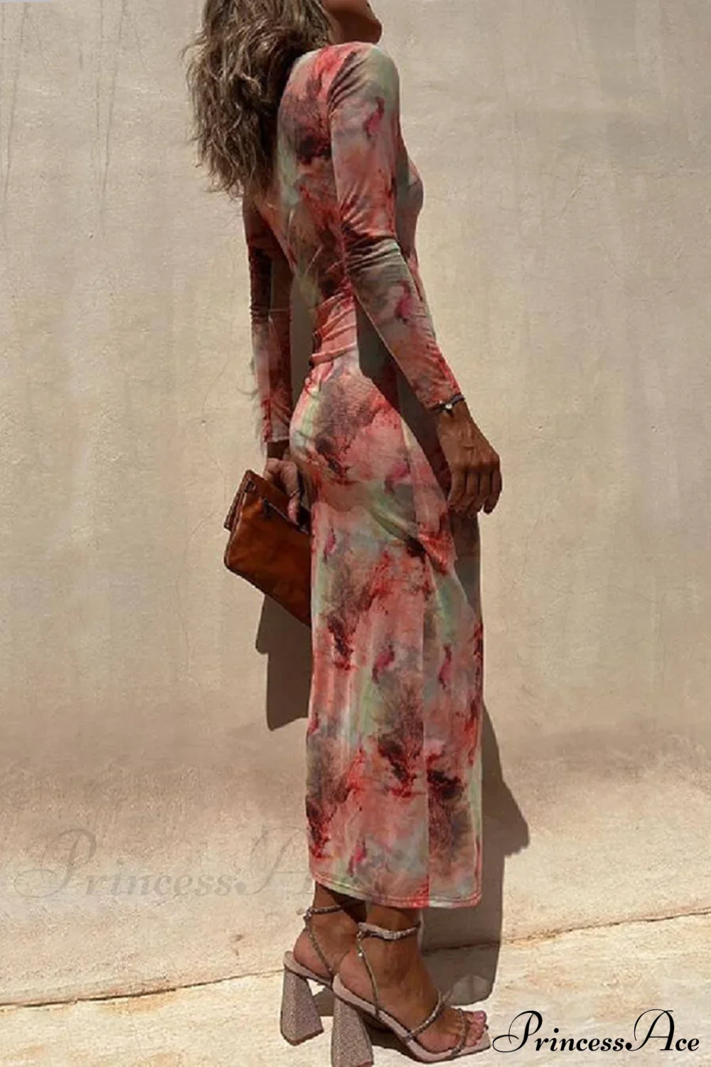 Charm Lady Mesh Overlay Tie Dye Modern Print Long Sleeve Ruched Stretch Midi Dress - Image 3