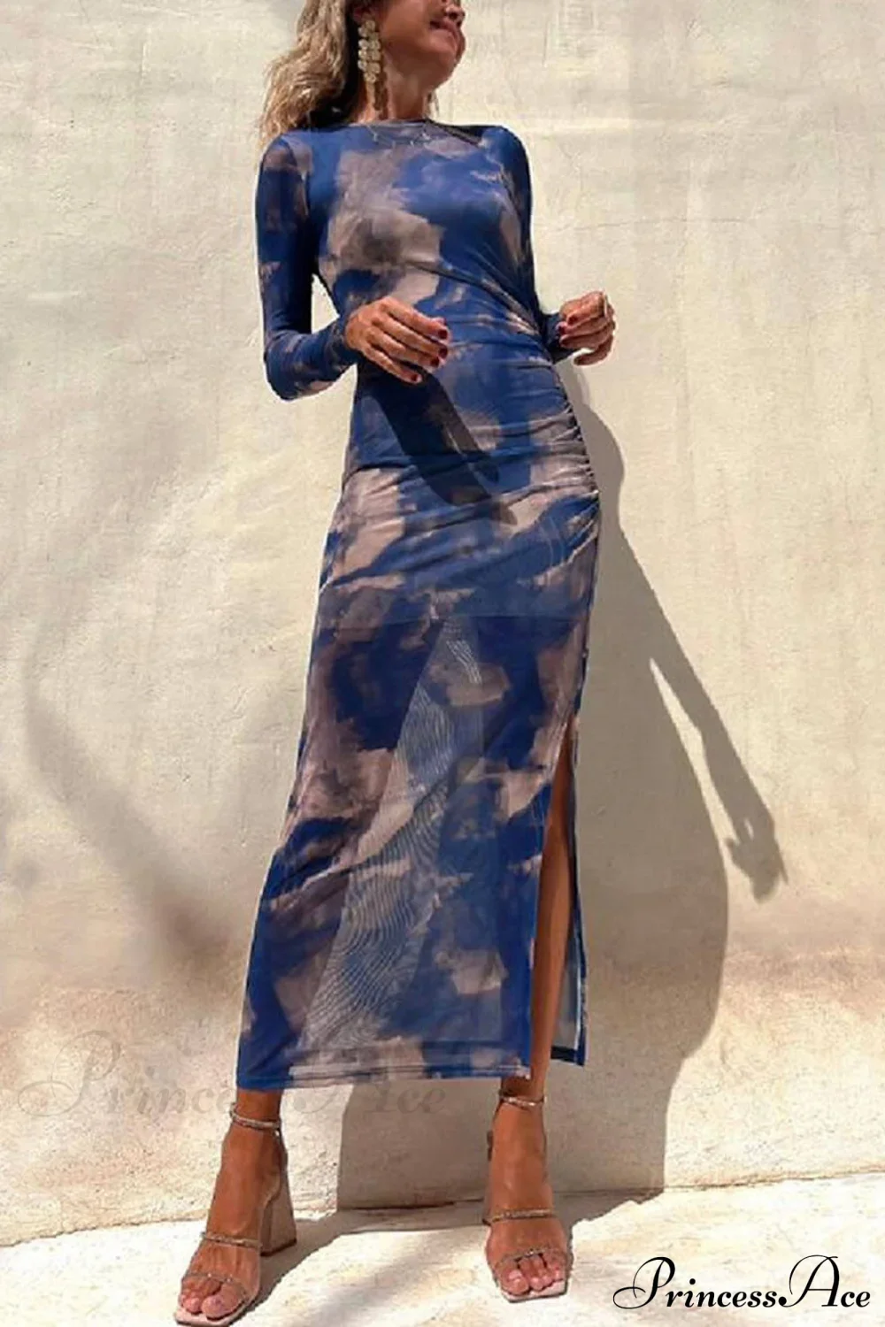 Charm Lady Mesh Overlay Tie Dye Modern Print Long Sleeve Ruched Stretch Midi Dress - Image 6