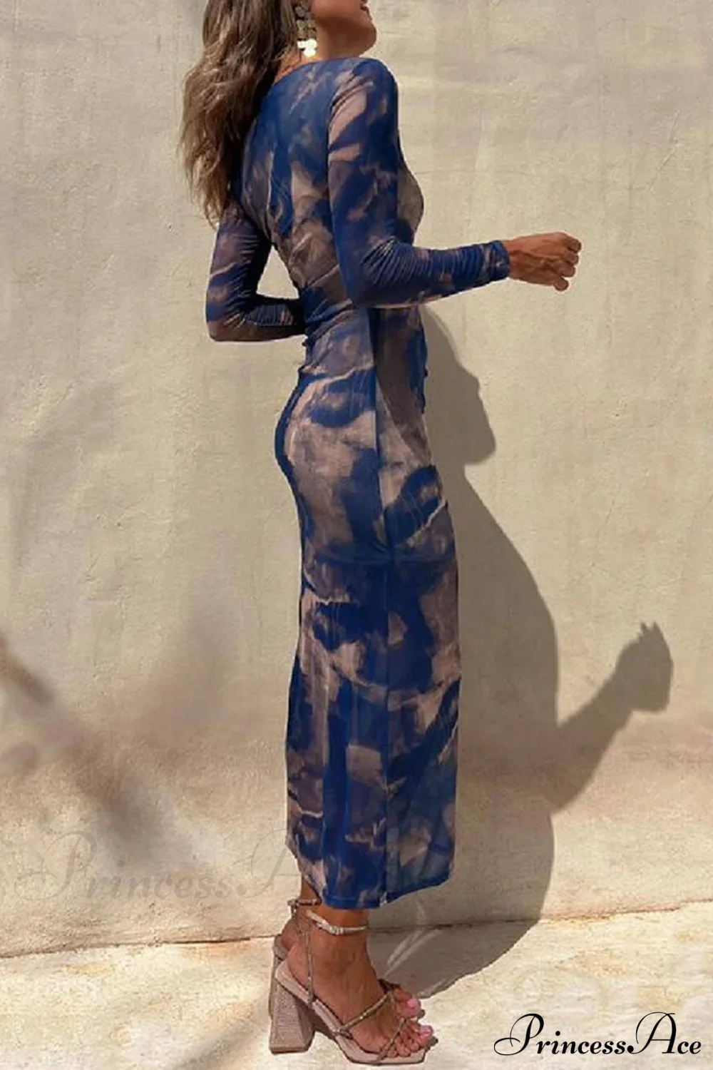 Charm Lady Mesh Overlay Tie Dye Modern Print Long Sleeve Ruched Stretch Midi Dress - Image 7