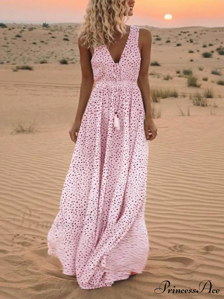 Bohemian V-Neck Sleeveless Charming Polka-Dot Maxi Skirt - Image 2