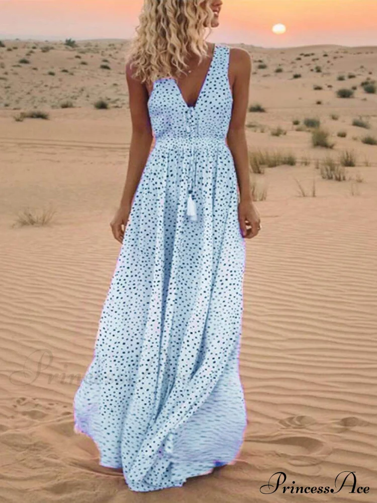 Bohemian V-Neck Sleeveless Charming Polka-Dot Maxi Skirt - Image 3