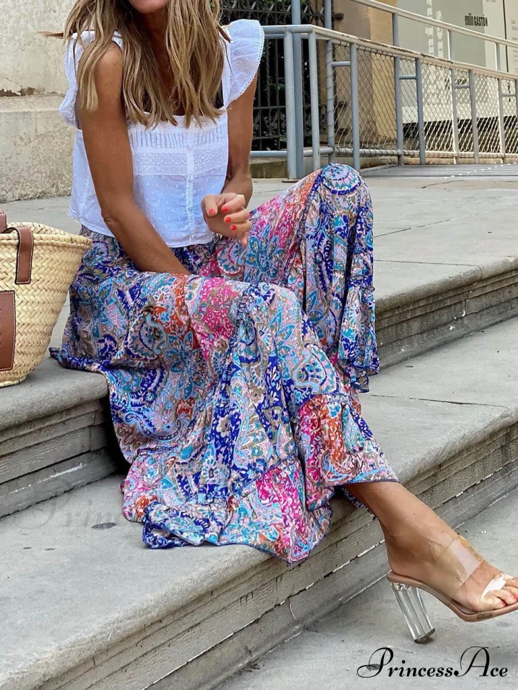 Bohemian Print Elastic Charming Waist Tassel Maxi Skirt - Image 3
