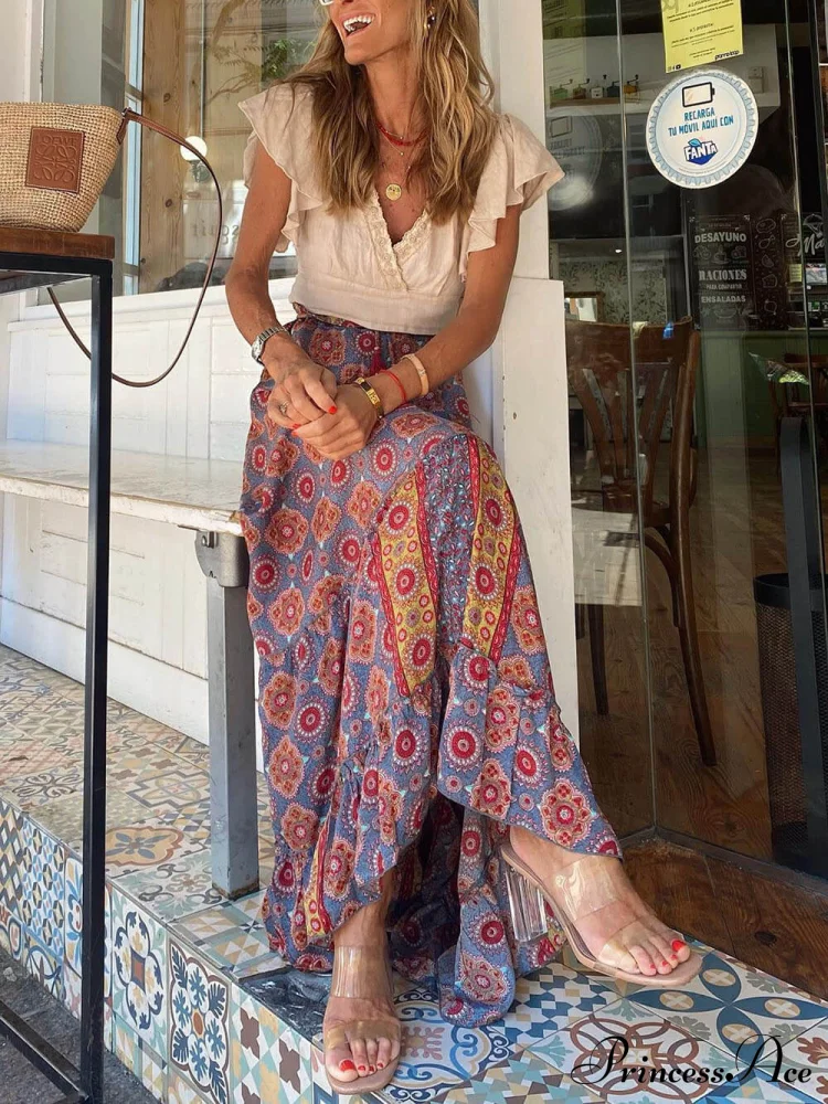 Bohemian Print Elastic Charming Waist Tassel Maxi Skirt - Image 5