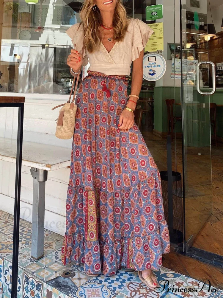 Bohemian Print Elastic Charming Waist Tassel Maxi Skirt - Image 6