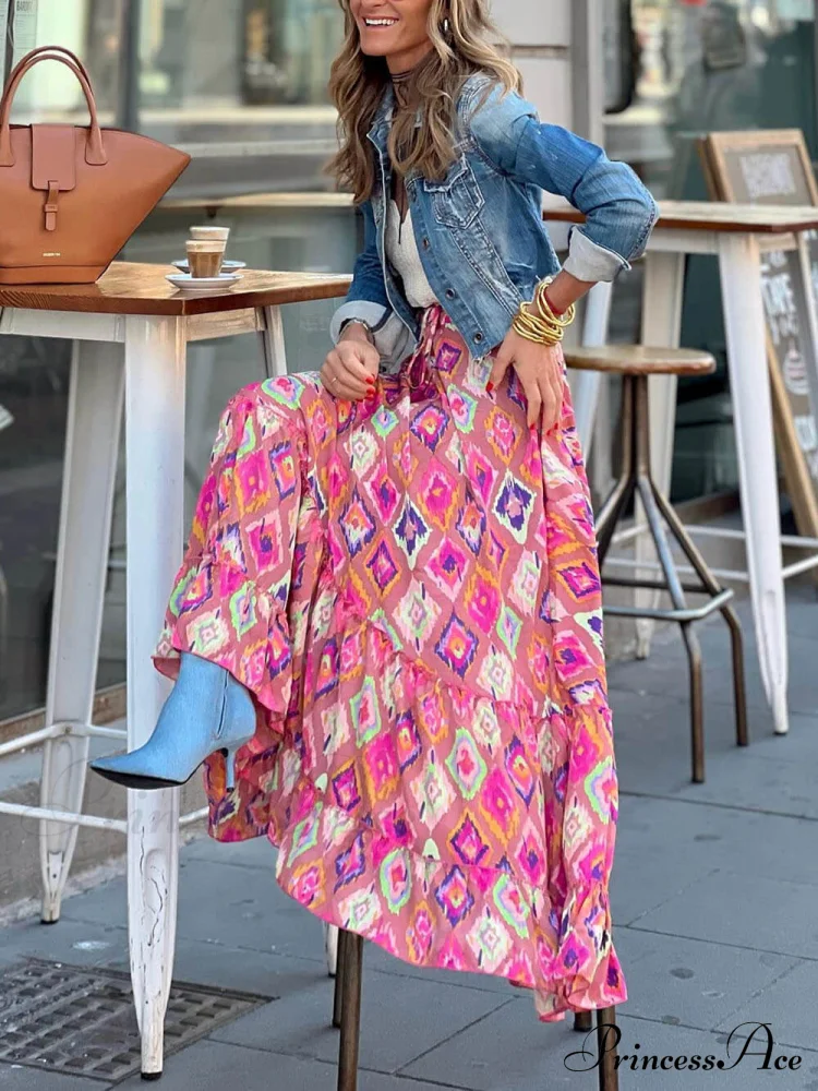 Bohemian Print Elastic Charming Waist Tassel Maxi Skirt - Image 9