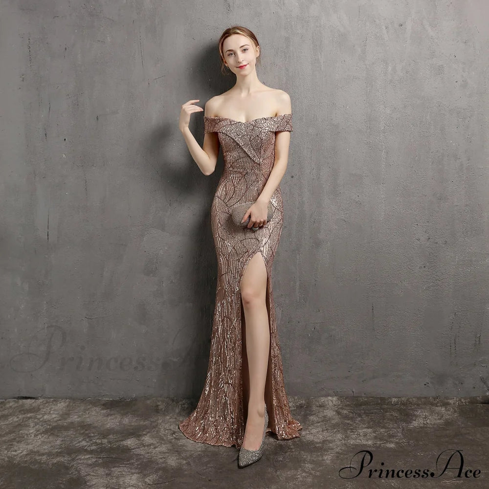 Clara Glitter Off the Graceful Shoulder Split Dress For Prom - Image 20
