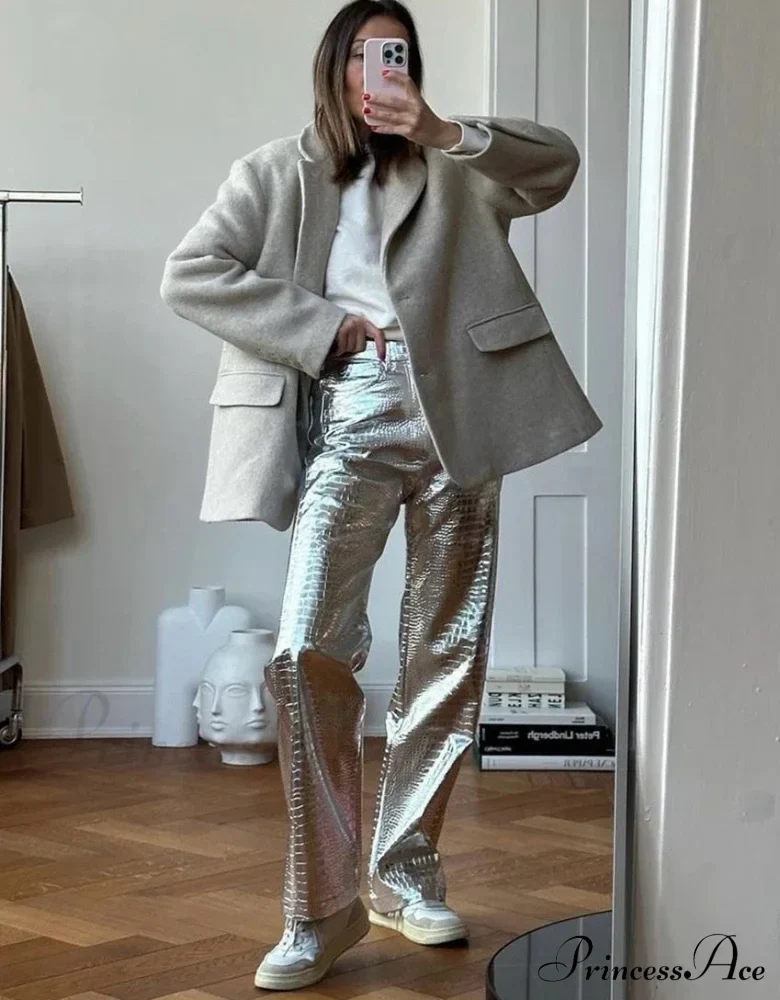Silver PU Leather Scale High Waist Straight Pants