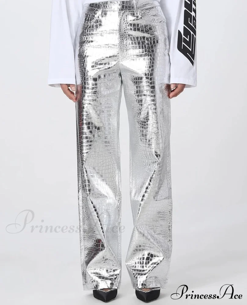 Silver PU Leather Scale High Waist Straight Pants - Image 6