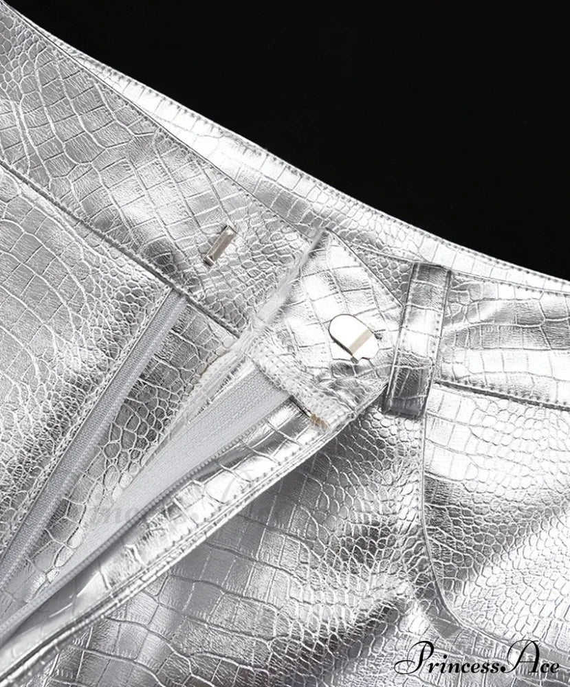 Silver PU Leather Scale High Waist Straight Pants - Image 7