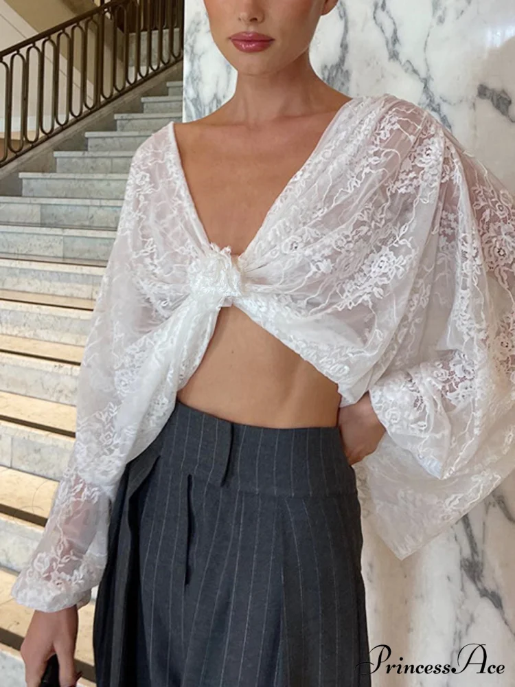 Floral Decor Twisted Trendy Lace Semi-sheer Blouse