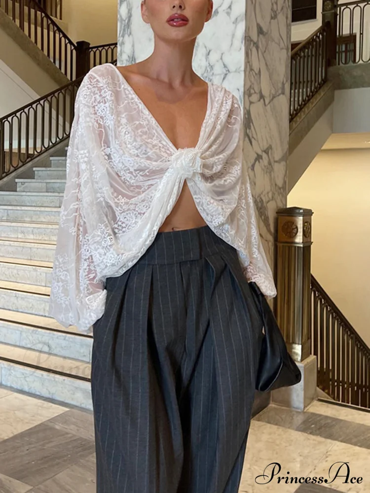 Floral Decor Twisted Trendy Lace Semi-sheer Blouse - Image 2