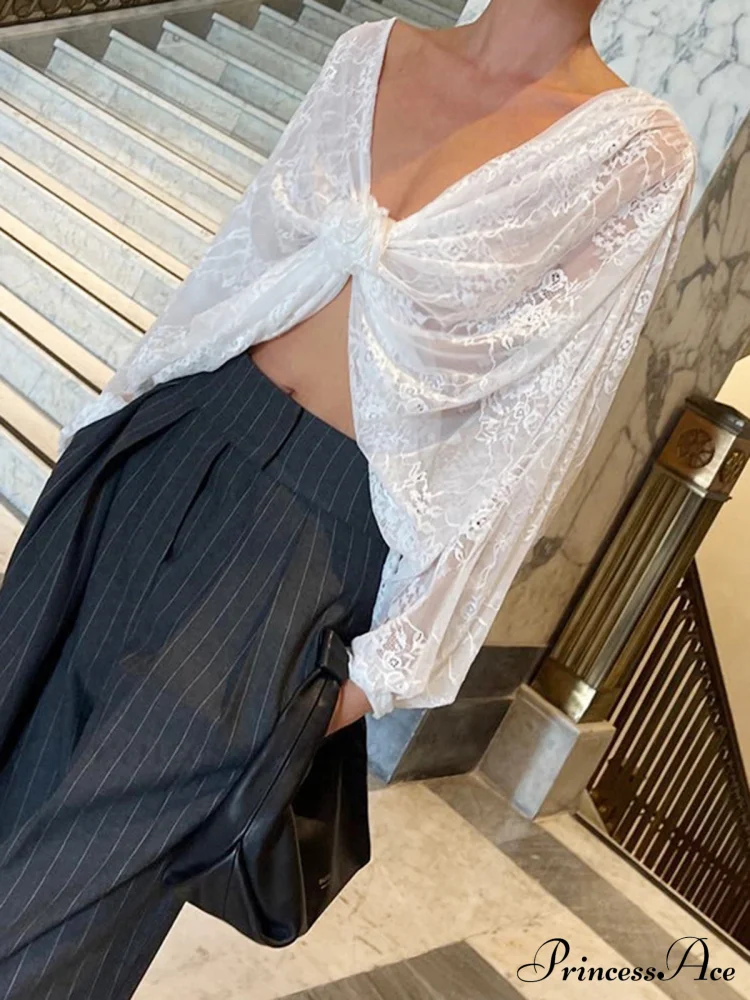 Floral Decor Twisted Trendy Lace Semi-sheer Blouse - Image 3